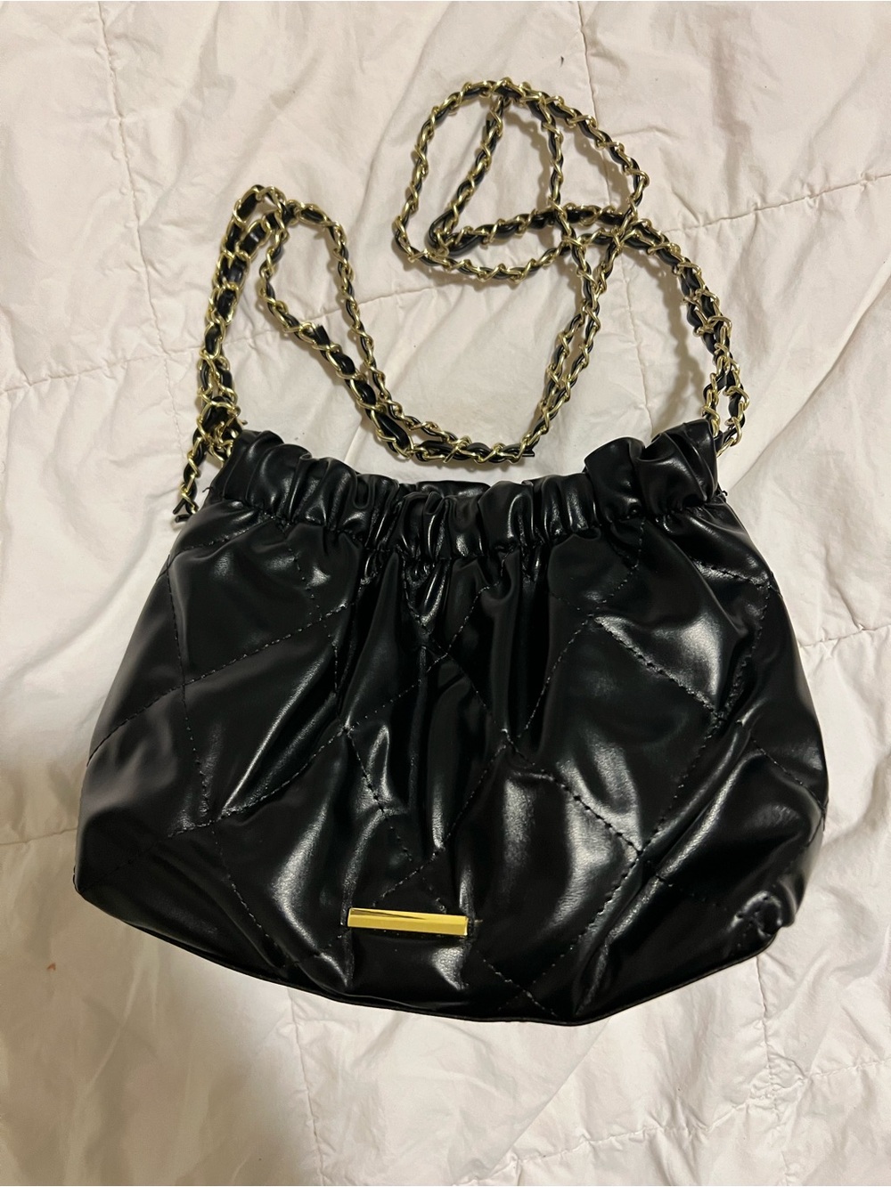 Black Quilted Shoulder Bag with Gold Chain Strap